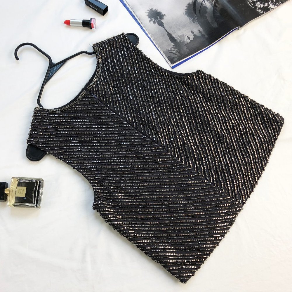Gorgeous Fancy classy top, bead embroidery sleeveless blouse S, gray silk top - Picture 14 of 15
